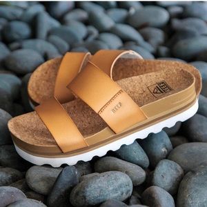 REEF Tan Leather slip on sandals. Size 11. Gently used, worn less then 10miles